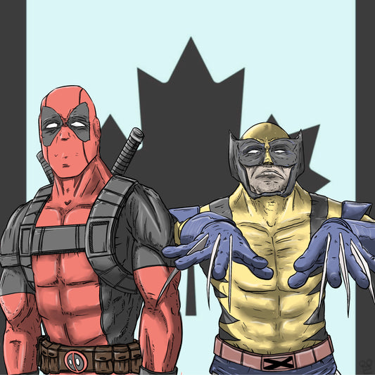 Deadpool and Wolverine x OutKast album cover mashup poster