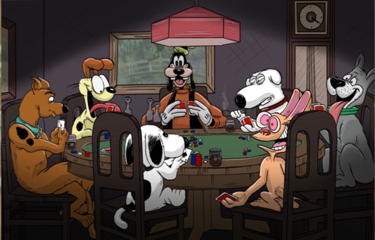 Cartoon dogs playing poker poster